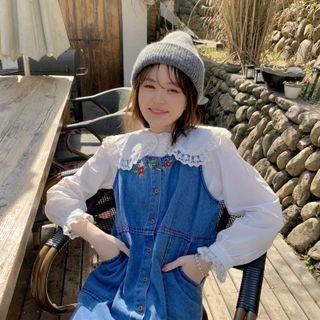 Bell-sleeve Collared Lace Trim Blouse / Embroidered Denim Jumper Dress