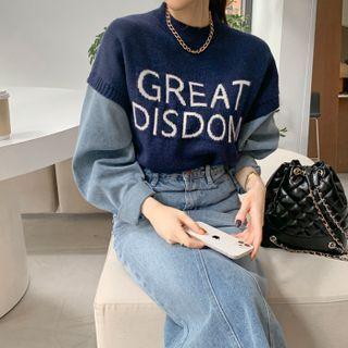 Denim-sleeve Letter Sweater