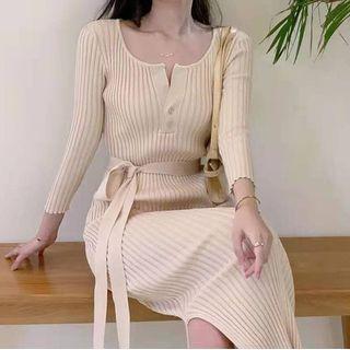 Tie Waist Henley Ribbed Knit Dress