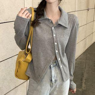 Long-sleeve Irregular Collared Button-up Top