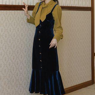 Set: Tie-neck Blouse + Ruffle Hem Midi Pinafore Dress