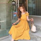 Off-shoulder Smocked-waist Dress Yellow - One Size