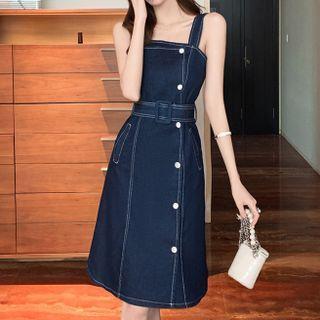 Sleeveless Contrast Stitching Denim Smock Dress