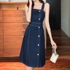 Sleeveless Contrast Stitching Denim Smock Dress