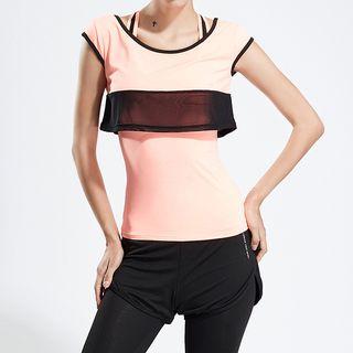 Sports Set: Tank Top + Cropped Cap-sleeve T-shirt + Leggings Inset Shorts