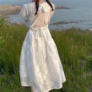 Puff-sleeve Flower Print Mesh Dress