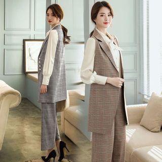Lace-up Blouse / Plaid Buttoned Long Vest / Wide-leg Dress Pants / Set