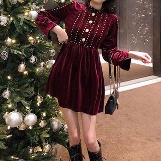 Long-sleeve Beaded Mini Dress Wine Red - One Size