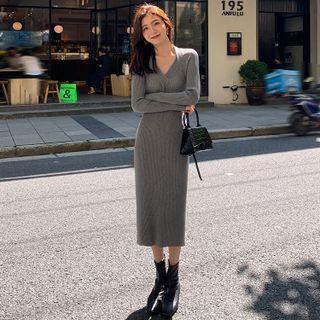 Long-sleeve Cut-out Knit Midi Sheath Dress