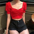 Puff-sleeve Eyelet Lace-trim Crop Top