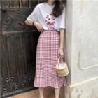 Short-sleeve Cherry Print T-shirt / Plaid A-line Midi Skirt