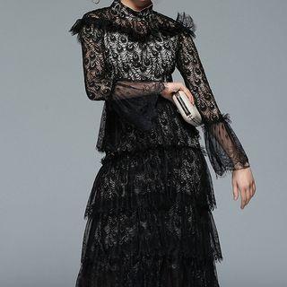 Long-sleeve Tiered Lace Midi Dress