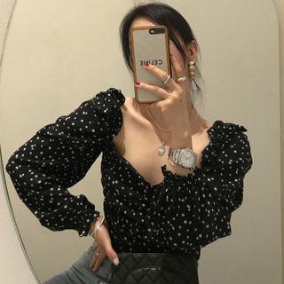 Long-sleeve Dotted Frill Trim Blouse Black - One Size
