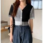 Short-sleeve Panel Cropped Knit Cardigan As Shown In Figure - One Size