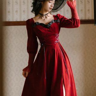 Long-sleeve Lace-up Frill Trim Midi A-line Dress