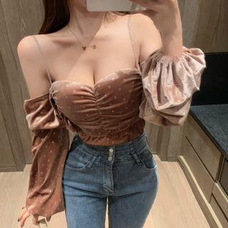 Suspender Lantern-sleeve Velvet Top