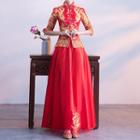 Elbow-sleeve Flower Embroidered Maxi A-line Chinese Wedding Dress