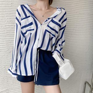 Long-sleeve Striped Loose-fit Shirt / Plain Shorts