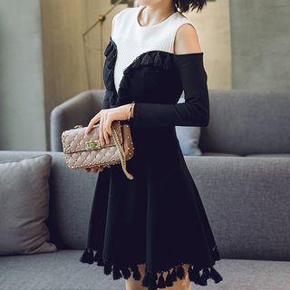 Tasseled Panel Open Shoulder Long-sleeve Dress