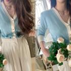 V-neck Contrast-trim Cardigan Sky Blue - One Size