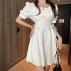 Puff-sleeve Lace-up Mini A-line Dress