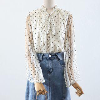 Long-sleeve Dotted Bow Blouse / Washed Denim Skirt
