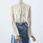 Long-sleeve Dotted Bow Blouse / Washed Denim Skirt