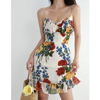 Spaghetti Strap Ruffle-trim Floral Dress