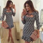 Open-front Patterned Sheath Ruffle Dress
