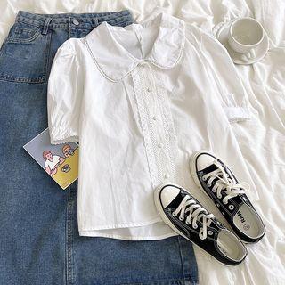 Puff-sleeve Peter Pan Collar Embroidered Blouse White - One Size