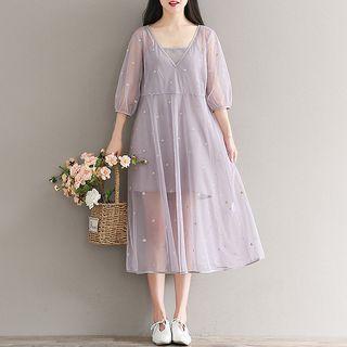 Set: Embroidered 3/4-sleeve A-line Midi Dress + Strappy Dress