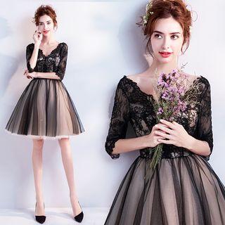 Lace Elbow Sleeve Evening Dress