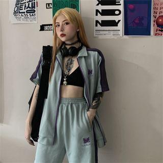 Set: Striped Elbow-sleeve Zip Jacket + High-waist Shorts