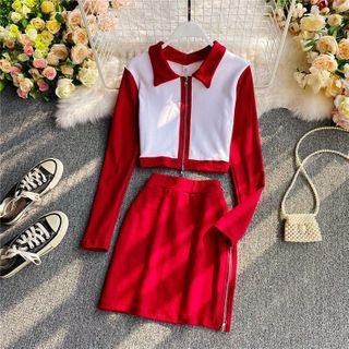 Set: Color-block Lapel Long-sleeve Top + High-waist Mini Skirt