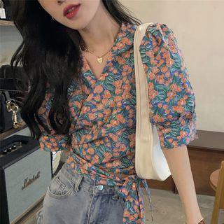 Puff-sleeve V-neck Lace Up Floral Blouse