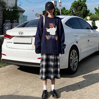Bear Sweater / Plaid Midi A-line Skirt