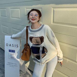 Bear Embroidered Striped Cable Knit Sweater As Shown In Figure - One Size