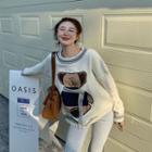Bear Embroidered Striped Cable Knit Sweater As Shown In Figure - One Size