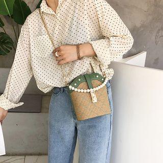 Bead Handle Woven Bucket Bag