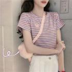 Short-sleeve Cloud Embroidered Striped T-shirt Pink - One Size