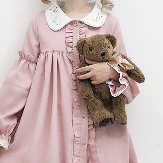 Embroidered Peter Pan Collar Buttoned Dress Pink - One Size