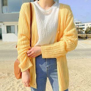 V-neck Punched-detail Ribbed Cardigan