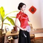 Set: Short-sleeve Floral Qipao Top + Midi Skirt
