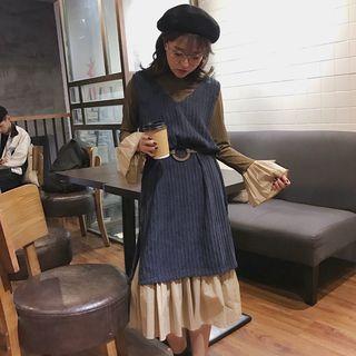 Set: Color Panel Long Sleeve Midi Dress + Plain Long Vest