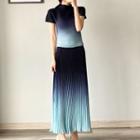 Set: Mock-neck Gradient T-shirt + Pleated Maxi A-line Skirt