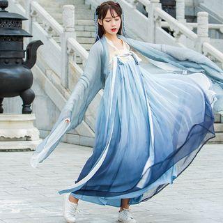 Set: Long-sleeve Hanfu Top + Light Jacket + A-line Maxi Skirt