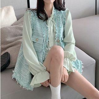 Tie-neck Plain Chiffon Blouse / Fray Hem Tweed Sleeveless Jacket