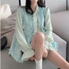 Tie-neck Plain Chiffon Blouse / Fray Hem Tweed Sleeveless Jacket