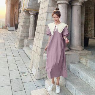 Color Block Panel Collar Puff-sleeve Dress