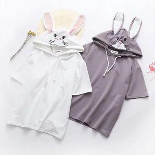 Short-sleeve Rabbit Print Hooded T-shirt